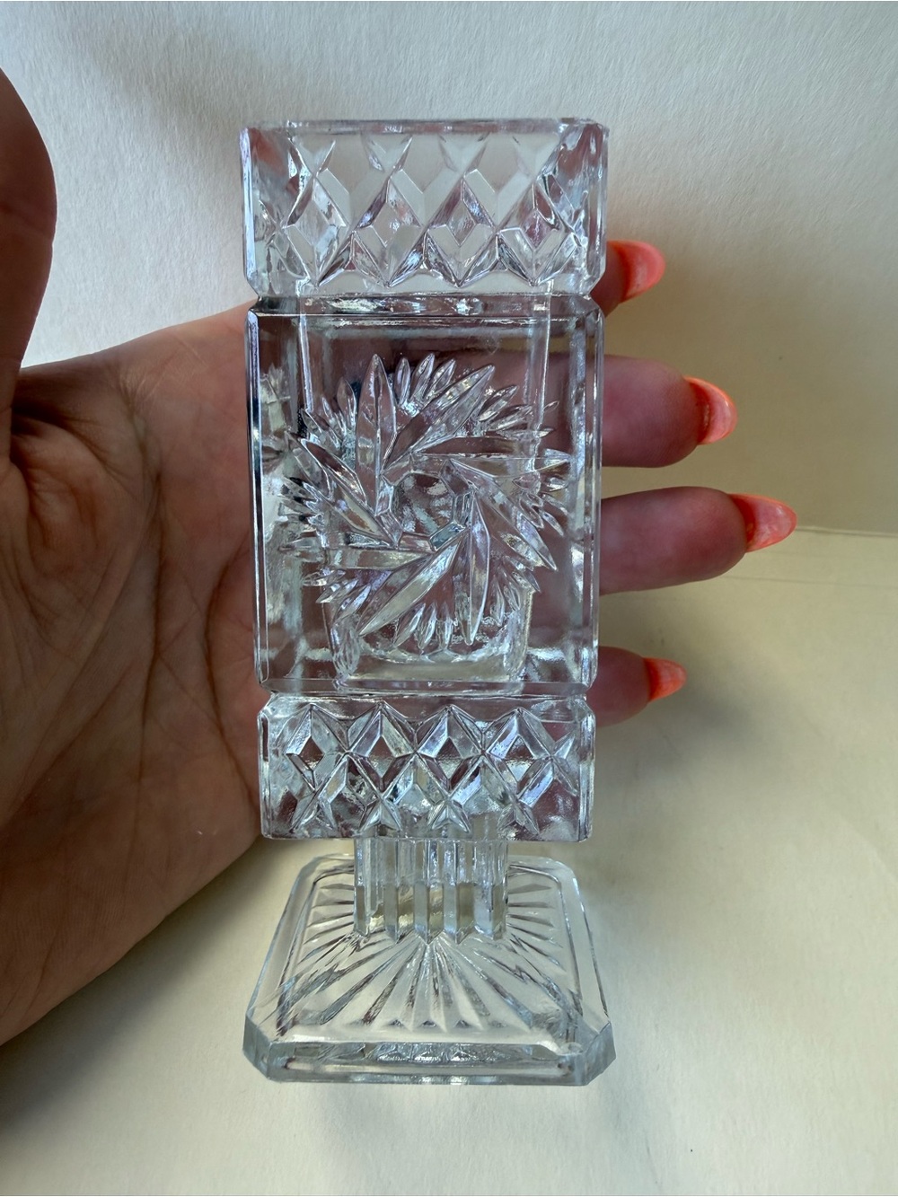 Vintage Square EAPG Clear Glass Pinwheel Footed Toothpick Holder/Bud Vase
